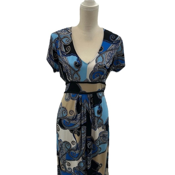 Attention V Neck Blue and Black Paisley Dress - Picture 2 of 9